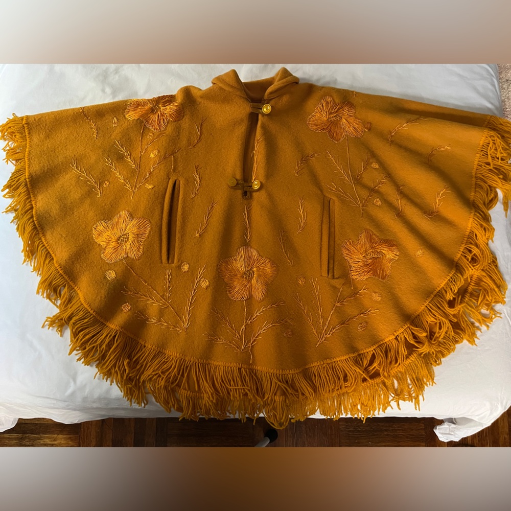 Vintage Embroidered Mustard Yellow Cape with Fringe